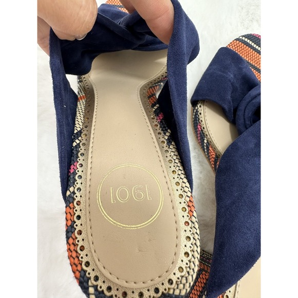 1901 Suede Knotted Bow Sandals Womens Sz 7.5M Blue Boho Woven Raffia Block Heels - Picture 8 of 11